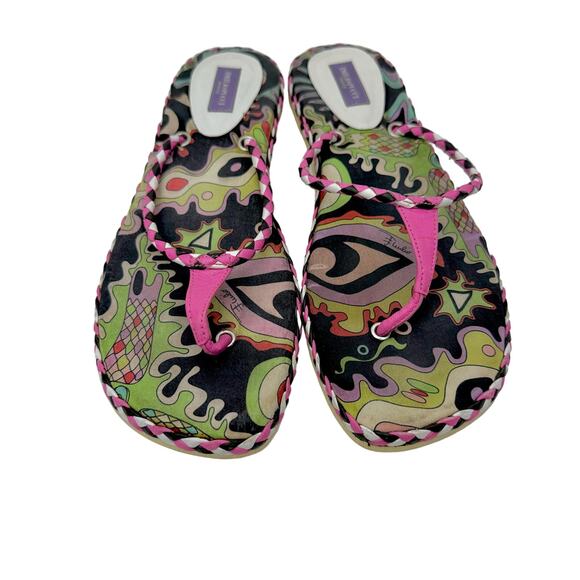 Emilio Pucci Multicolor Printed Flip Flop Slides Shoes Pink/Black | Fit US 9.5 - Picture 1 of 11